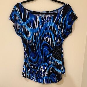 Chic women’s Vintage cap sleeve Top Blue Abstract Women's Blouse S - M Stretch